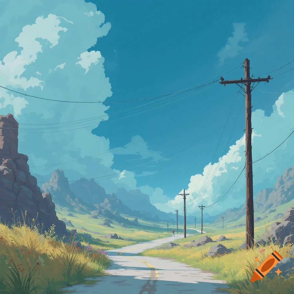 A road cuts through grassy fields, leading towards majestic mountains under a cloudy sky. Telephone poles line the path.