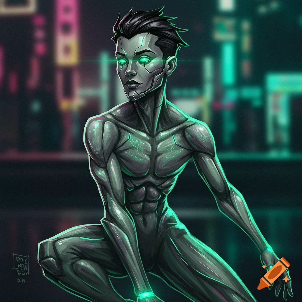 A crouching sci-fi cyborg character with glowing green eyes is in a city.