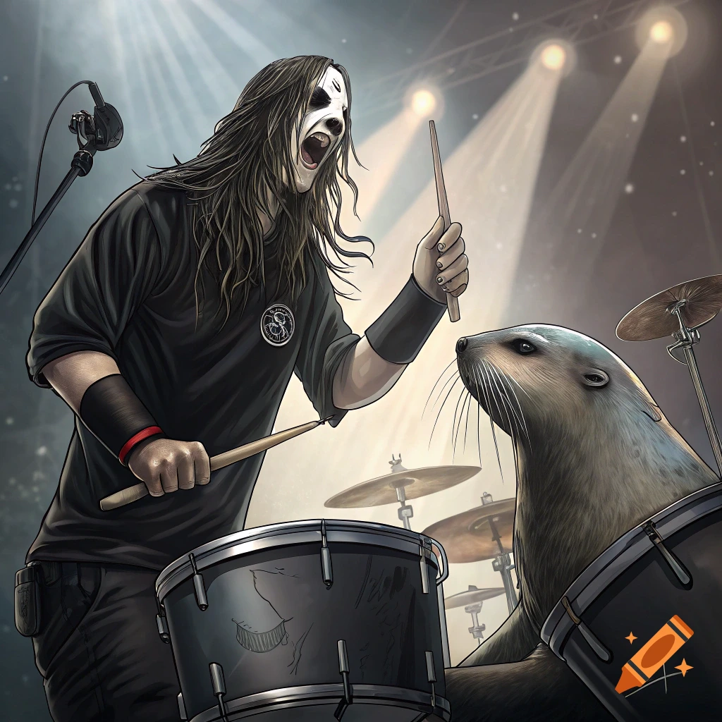 A masked figure and a seal play drums on a stage with spotlights.