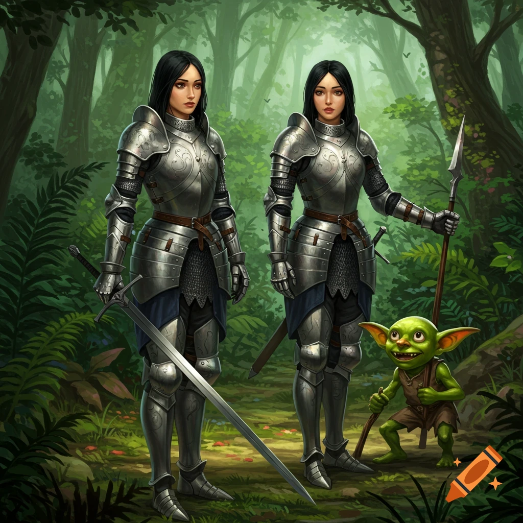 Two female knights in full armor stand with a goblin in a forest.