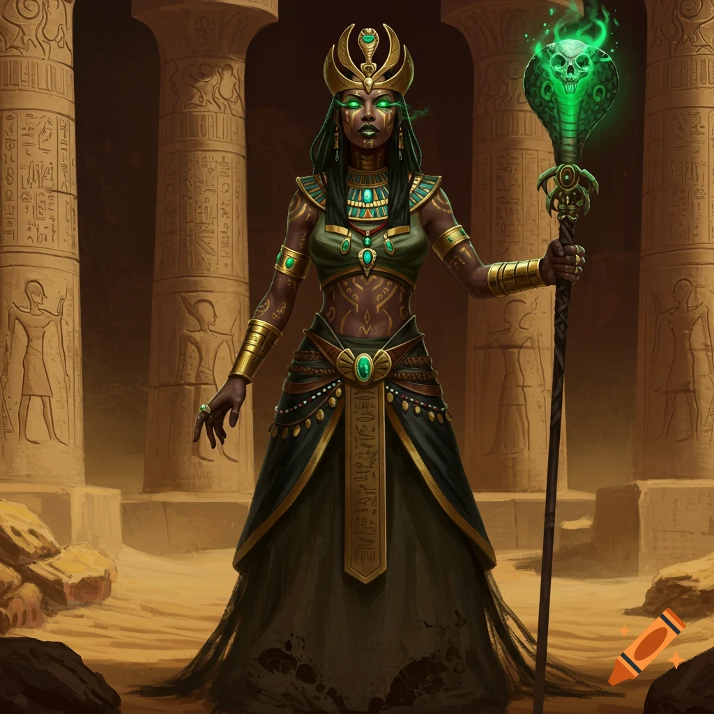 A female necromancer in ornate Egyptian attire standing in desert temple ruins.