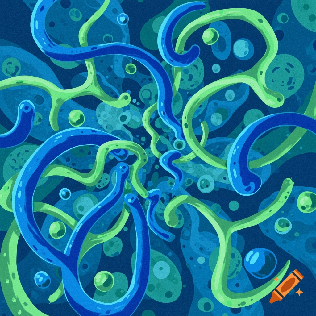 Abstract image of swirling blue and green organic shapes and bubbles on a blue background