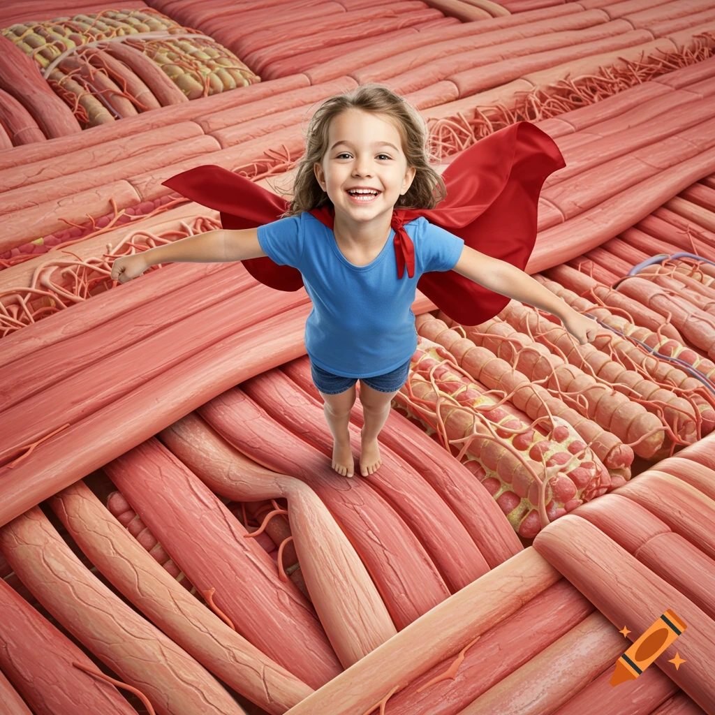A young girl in a red cape and blue shirt stands on a microscopic view of detailed muscle fibers.