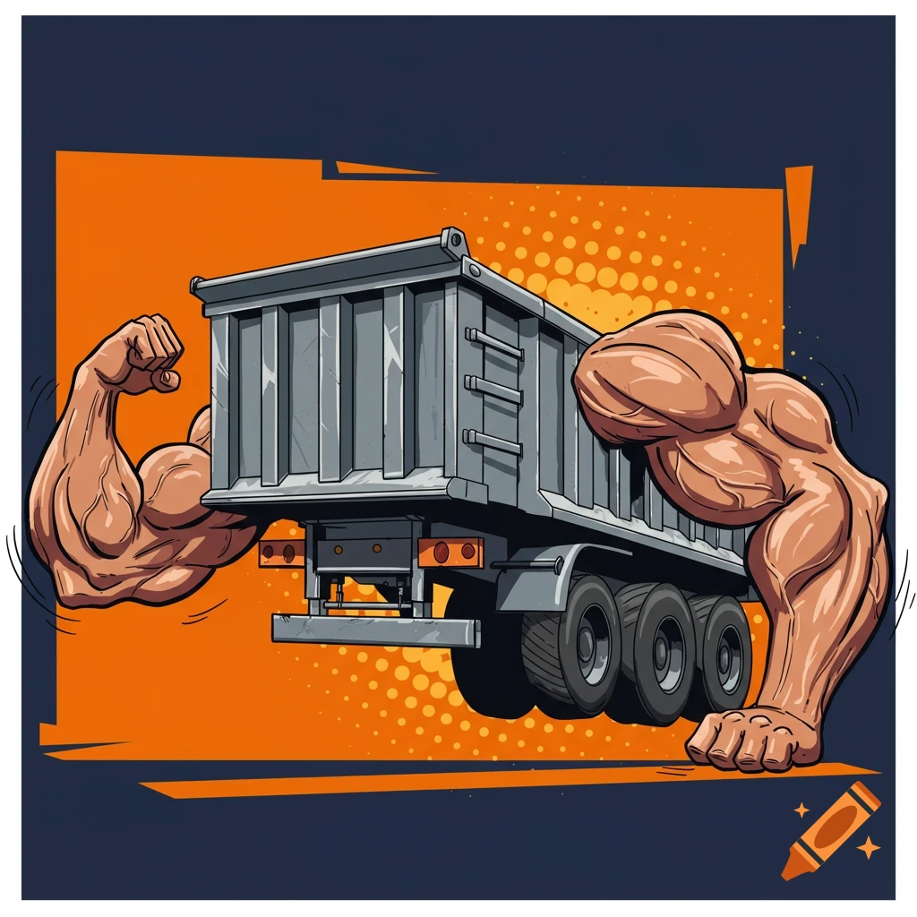 Illustration of a muscular dump truck flexing its arms.