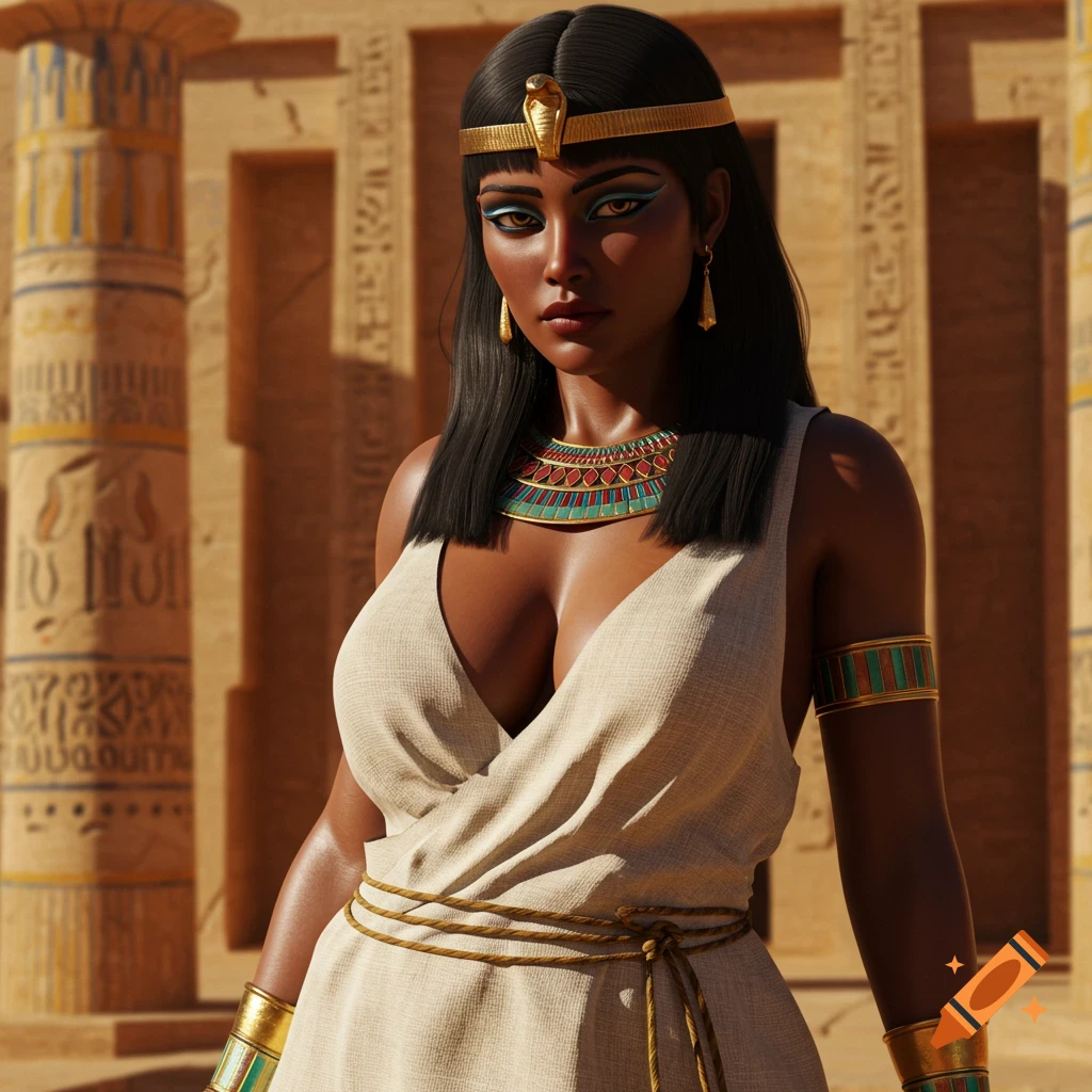 A portrait of a woman in Egyptian attire with a headdress and necklace, standing in front of hieroglyphics.