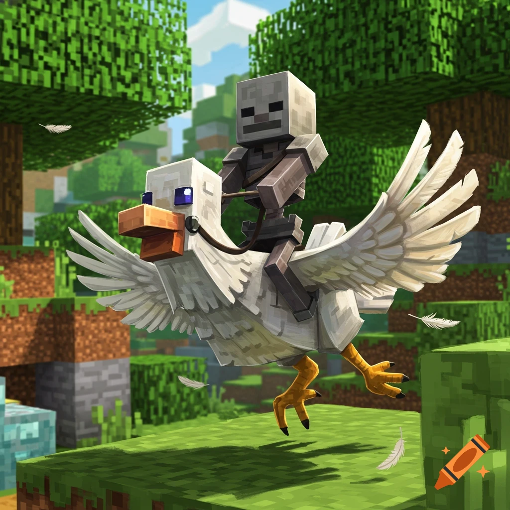 A Minecraft skeleton rides a giant chicken over a blocky landscape.