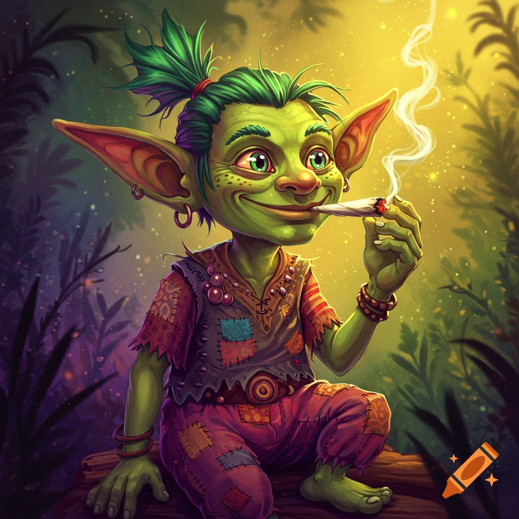 A cartoon goblin creature sits on a log in a forest, smoking.