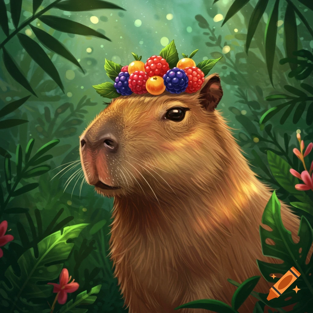 A capybara wearing a crown of berries and leaves in a lush forest.