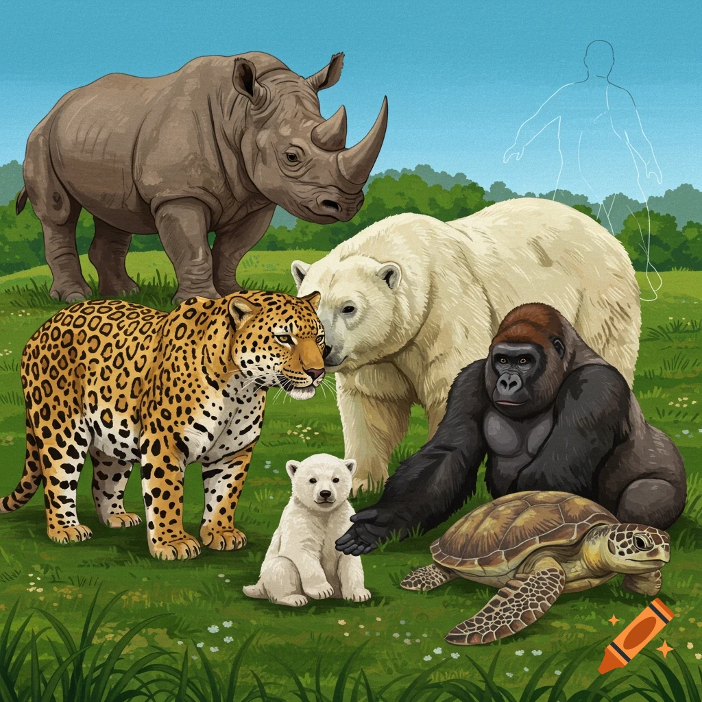 A rhino, jaguar, polar bear, baby polar bear, gorilla, and turtle standing together in a grassy field.