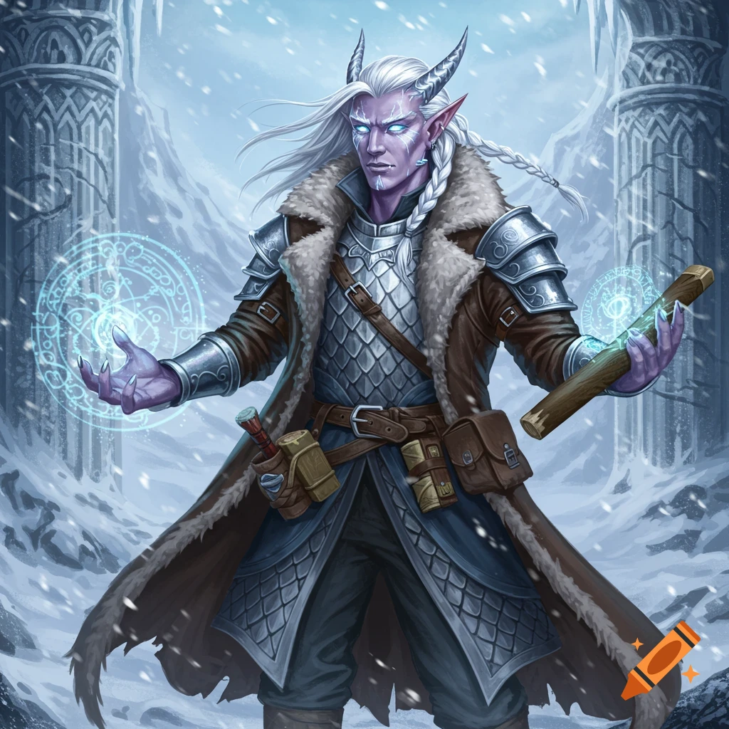 A white-haired fantasy sorcerer with glowing eyes casts magic in snowy ruins. Digital art.