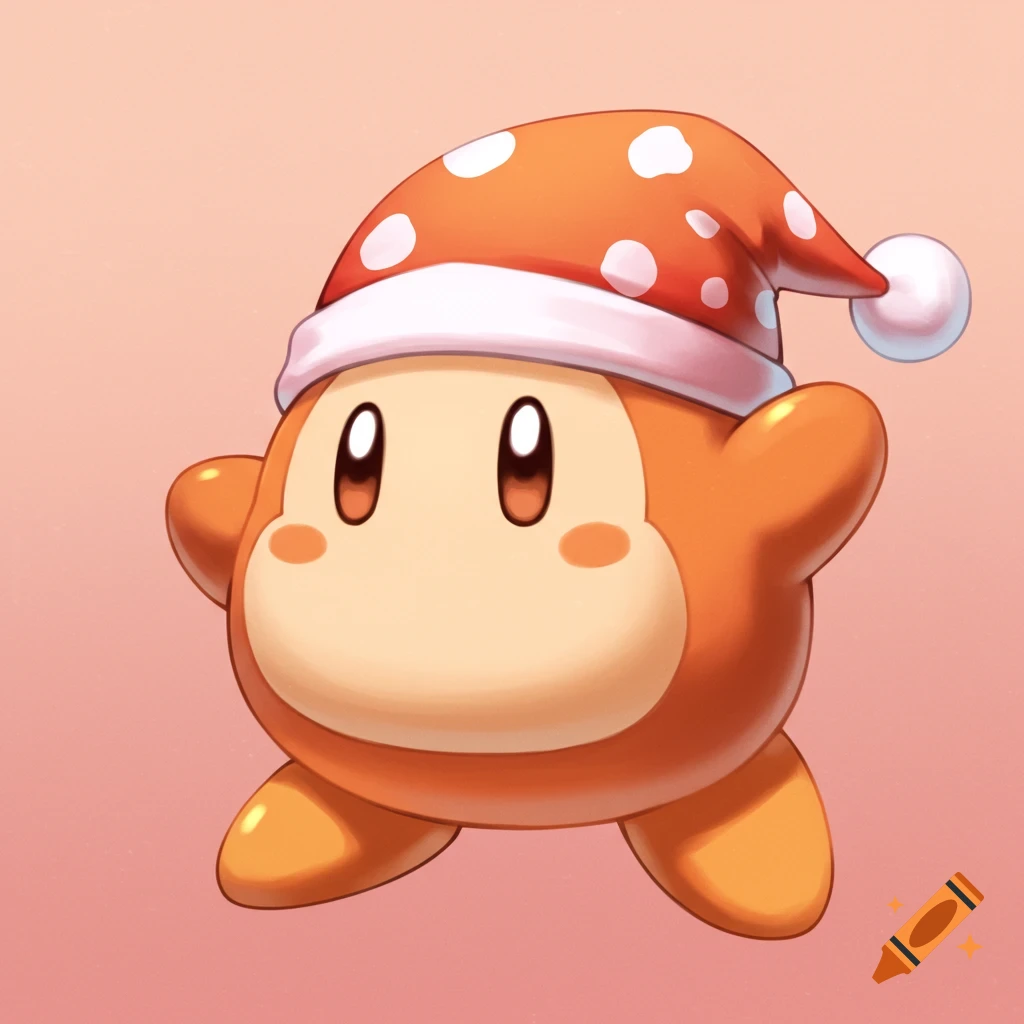 Cute orange cartoon character with big eyes wearing a polka dot Santa hat.
