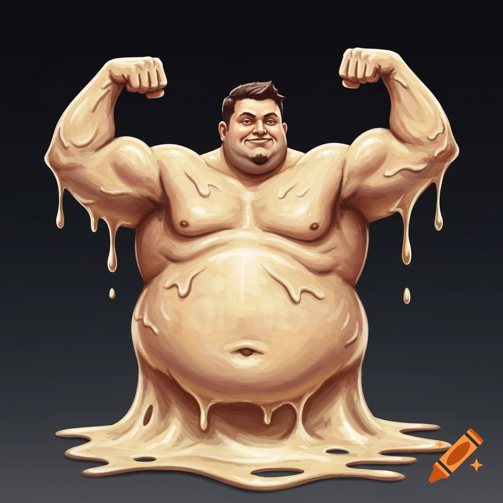 A large man melting into dough while flexing his biceps.