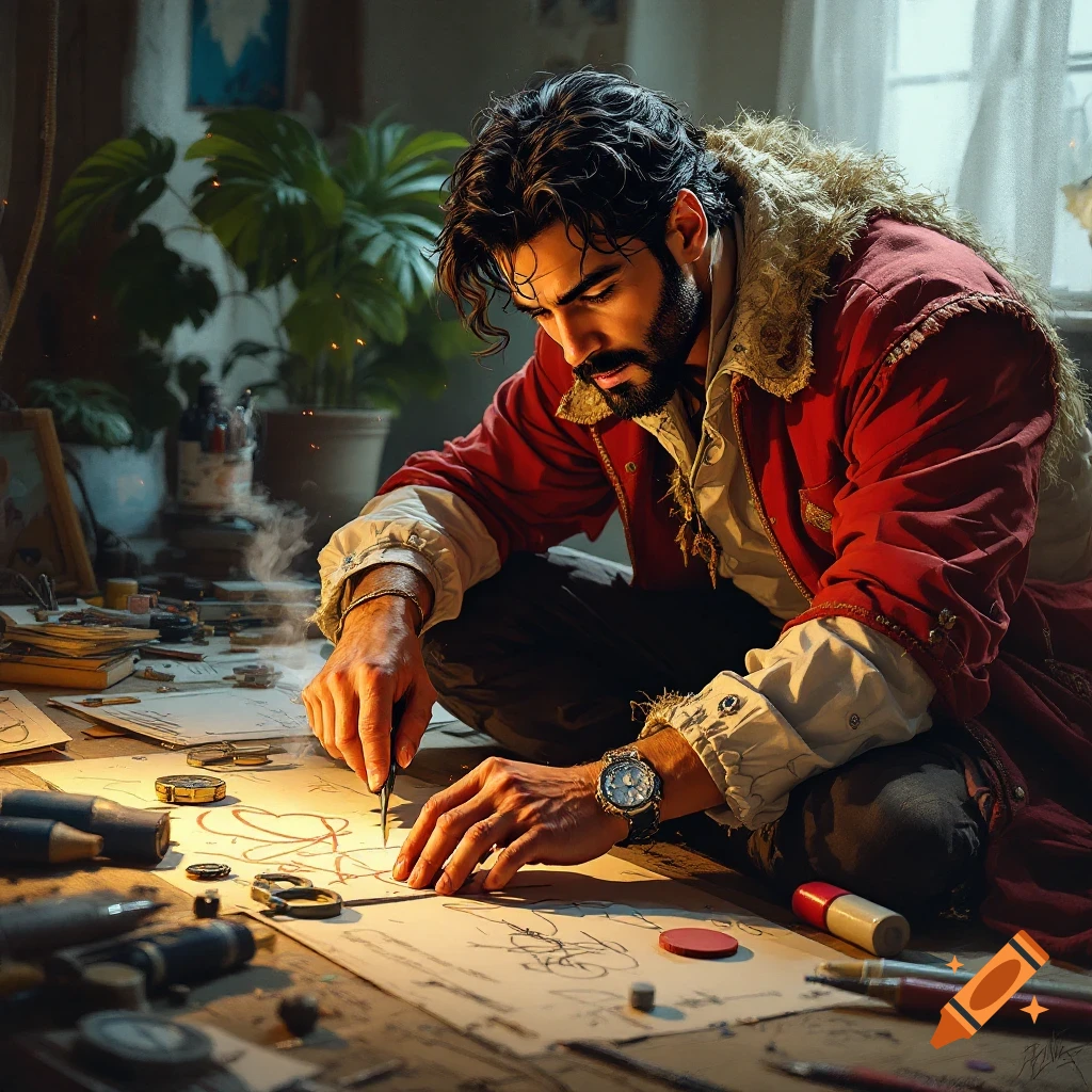 A man in a red coat crouches, drawing technical plans on papers surrounded by tools.
