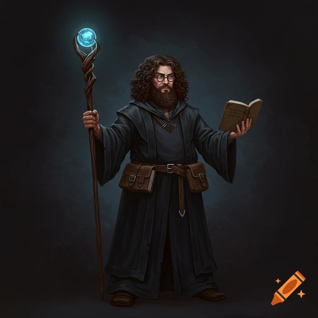 A stocky wizard with curly hair, beard, spectacles, black robe, holding a staff with an orb and a book, dark fantasy style.