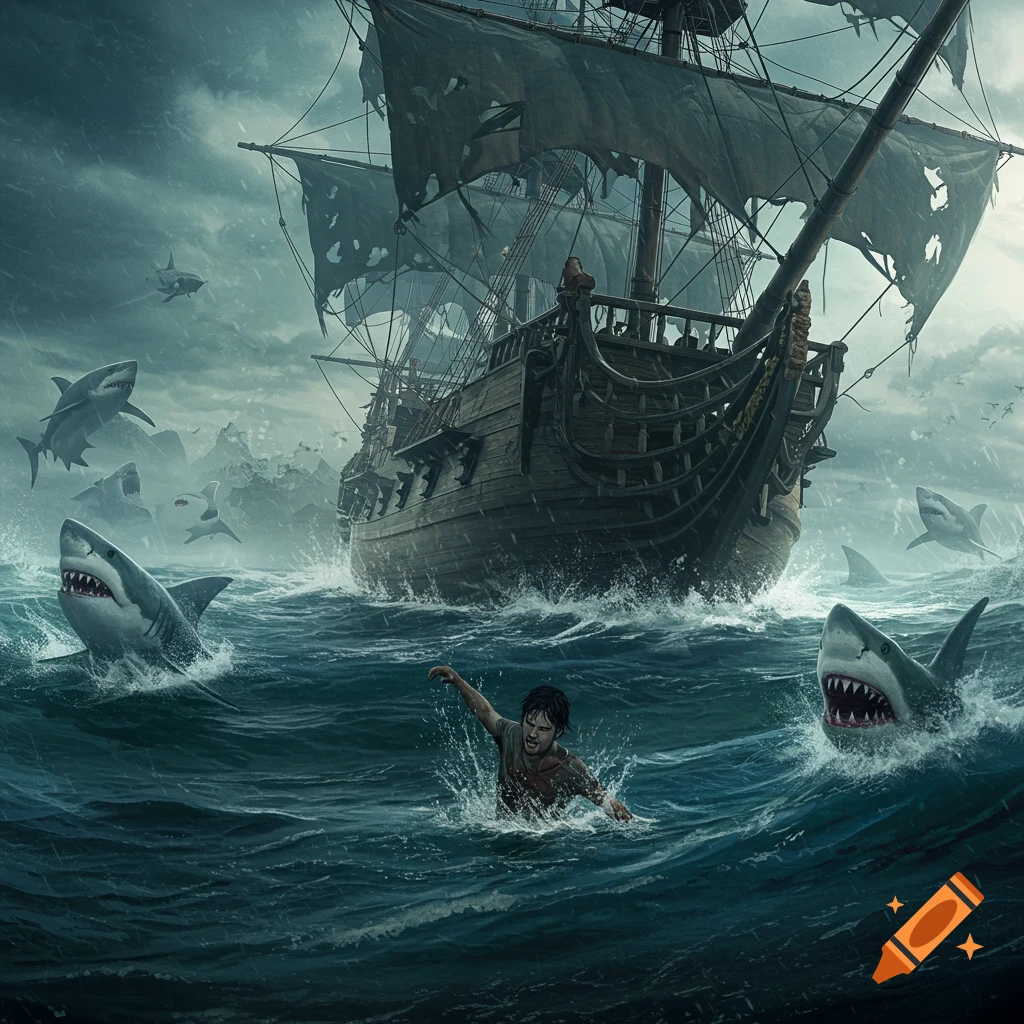 A pirate ship and a swimmer surrounded by sharks in a stormy sea.