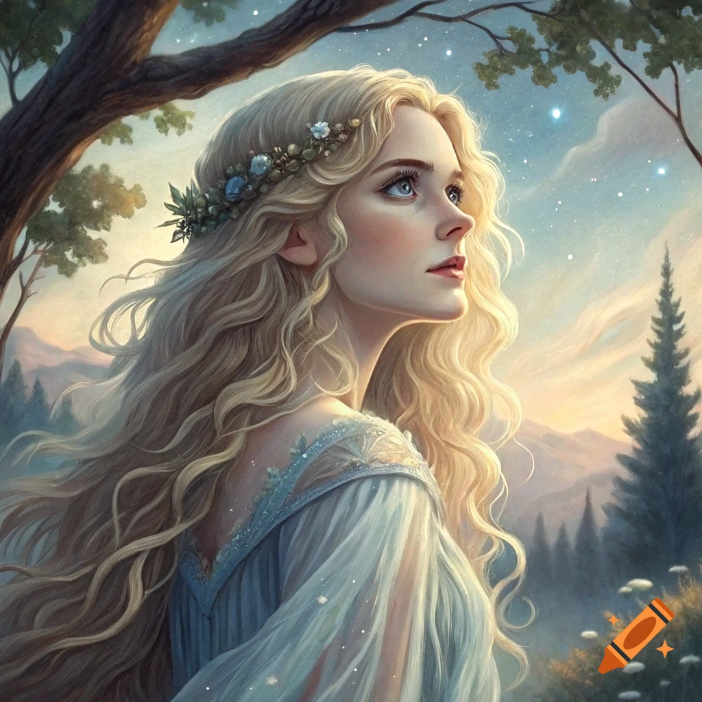 Fantasy portrait of a blonde woman with a flower crown looking at the sky in a forest at dusk.