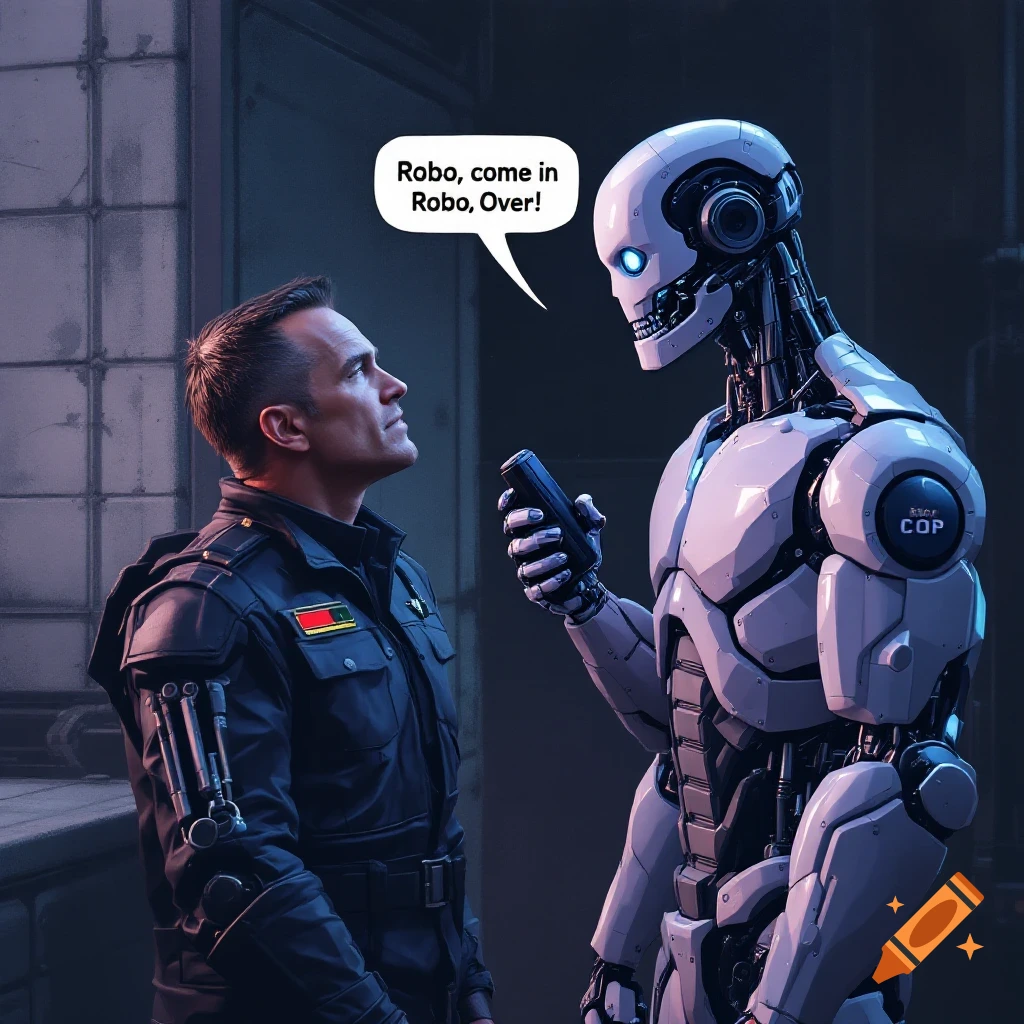Man in futuristic uniform talking to a robot with a speech bubble in a dark setting.