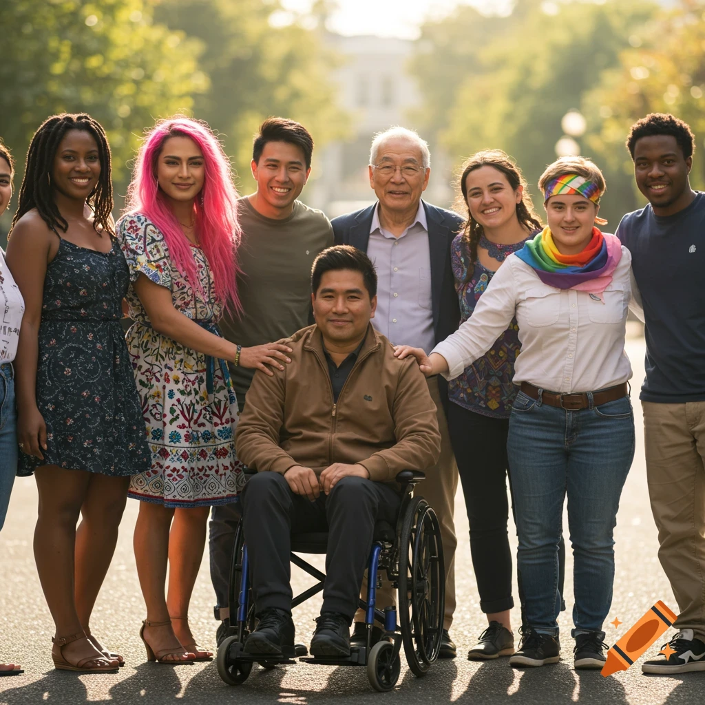 A diverse group of people standing and sitting in a wheelchair outdoors.