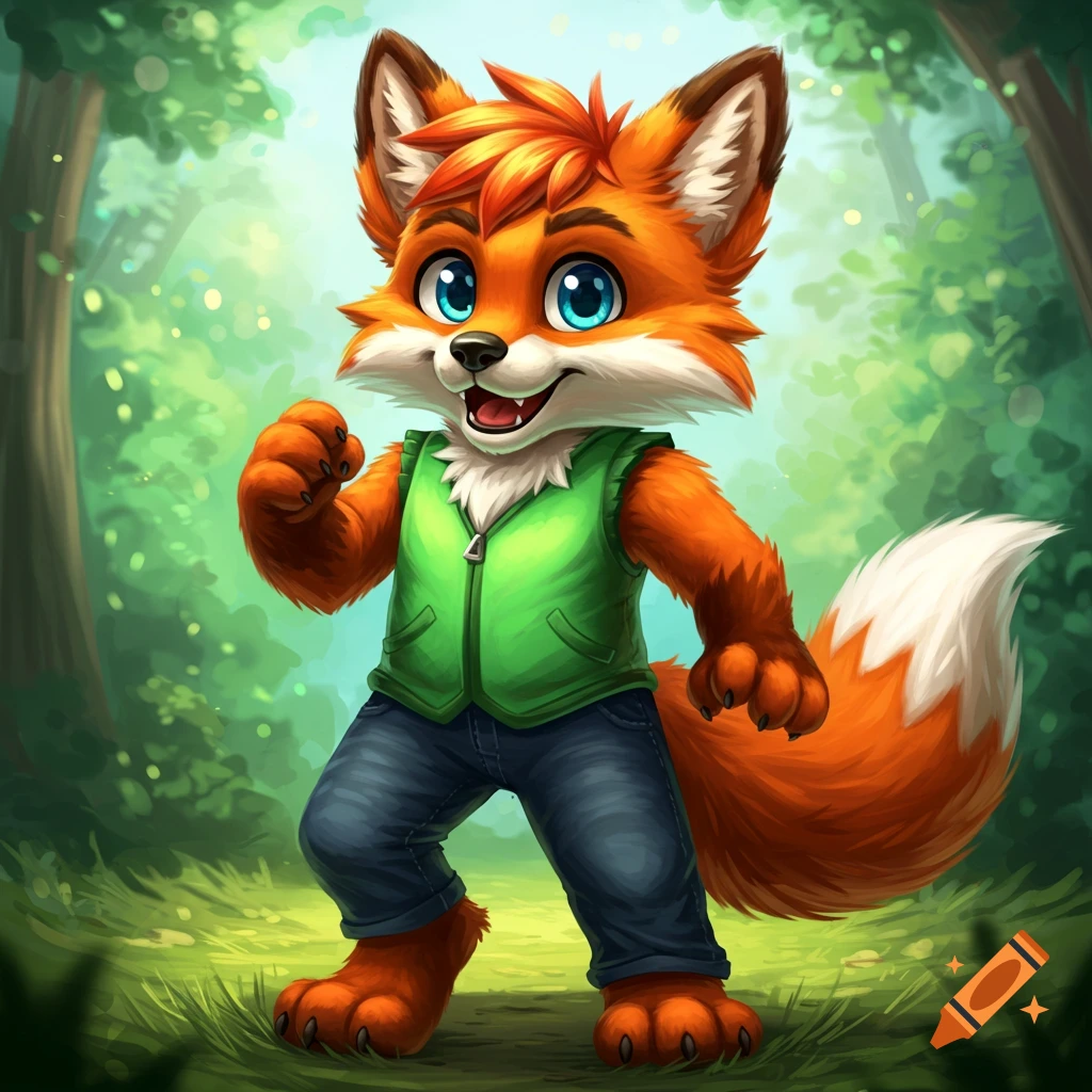 Cartoon furry fox character walking in a forest