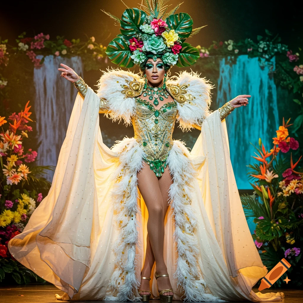 Drag queen in elaborate feathered and floral 'Eden paradise' costume on stage with waterfalls