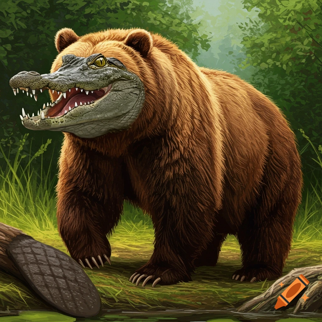 A brown bear with an alligator head standing in a forest.
