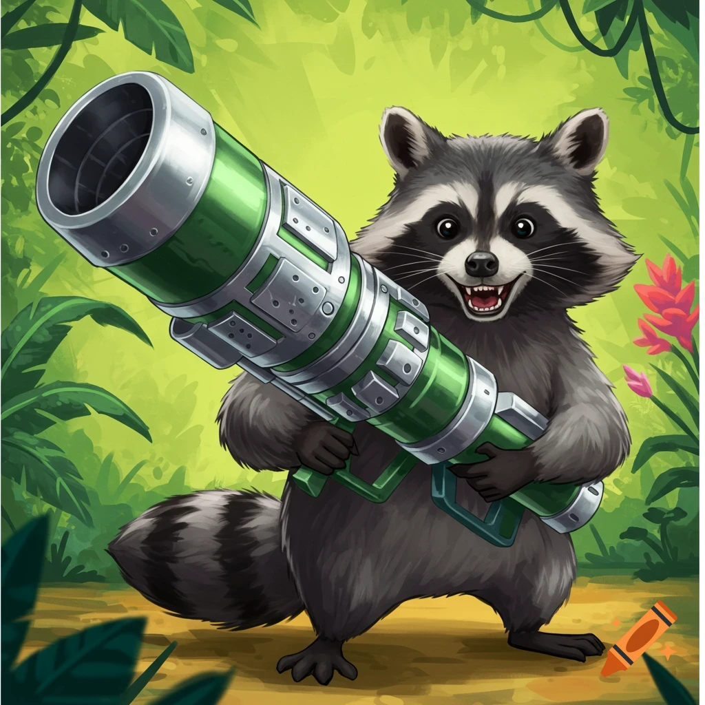 A cartoon raccoon holding a bazooka in a jungle.