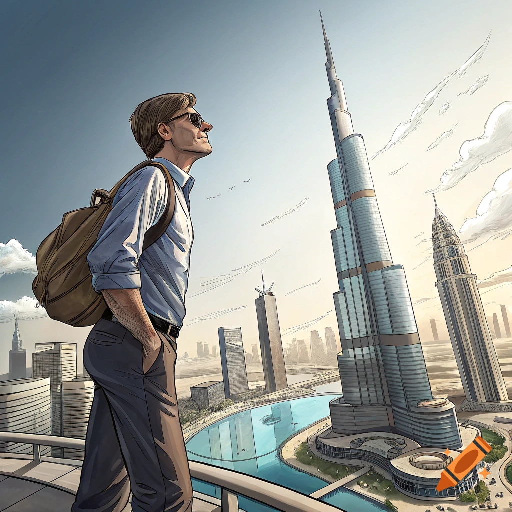 Man with backpack looking up at a skyscraper in a city illustration