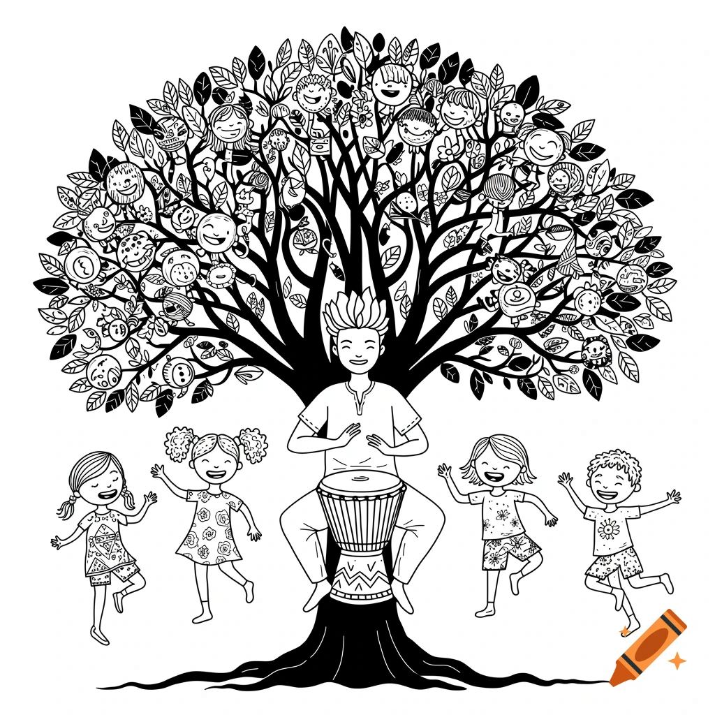 Black and white line art of a person playing a djembe under a tree with dancing children.