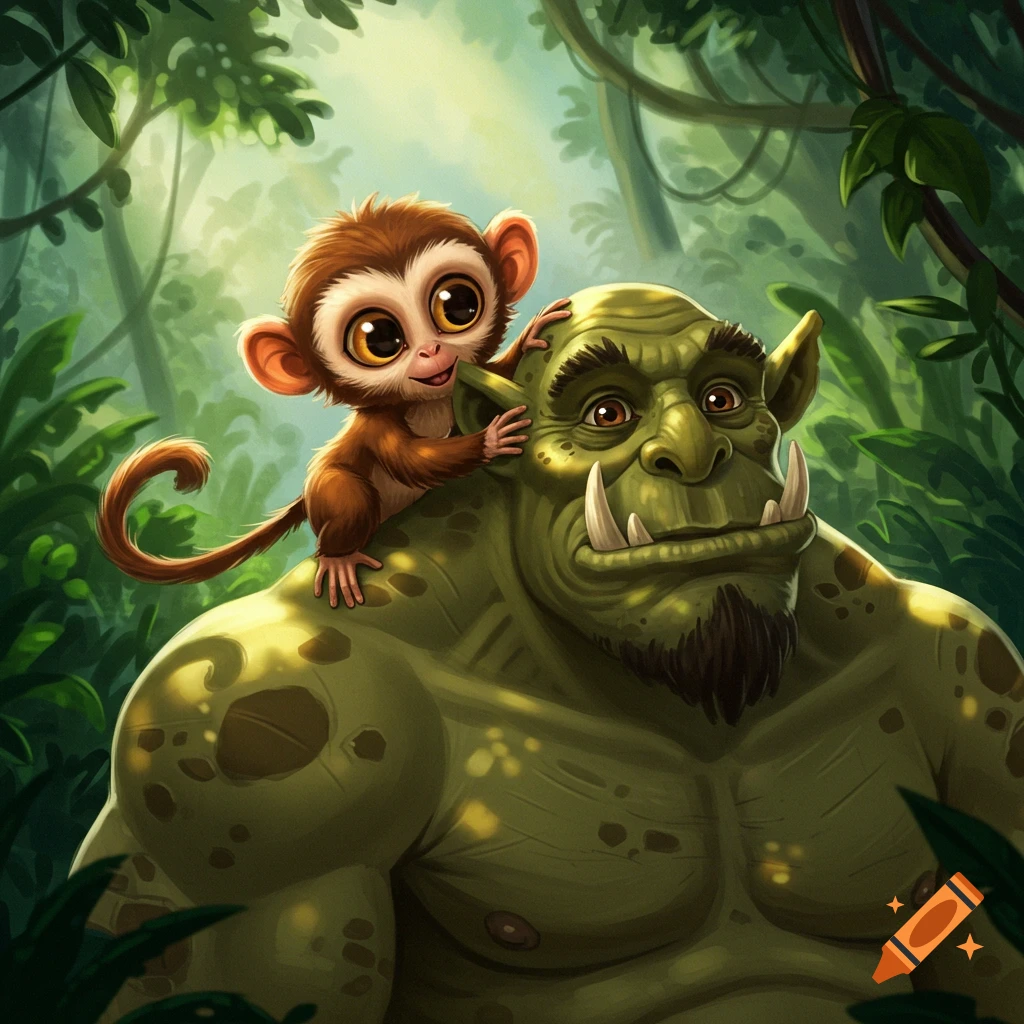 Cute monkey sits on a green ogre's shoulder in a jungle.