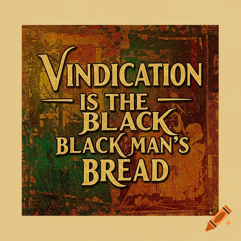 A piece featuring the text 'Vindication is the Black man's bread' on a textured, collage-like background.