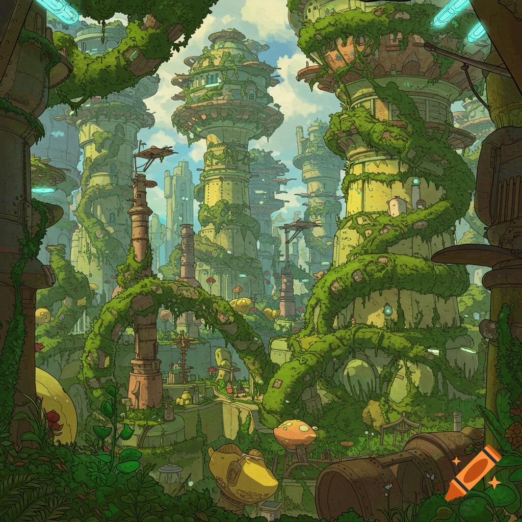 A futuristic ecopunk city with tall, round buildings covered in vines, in the style of Studio Ghibli.