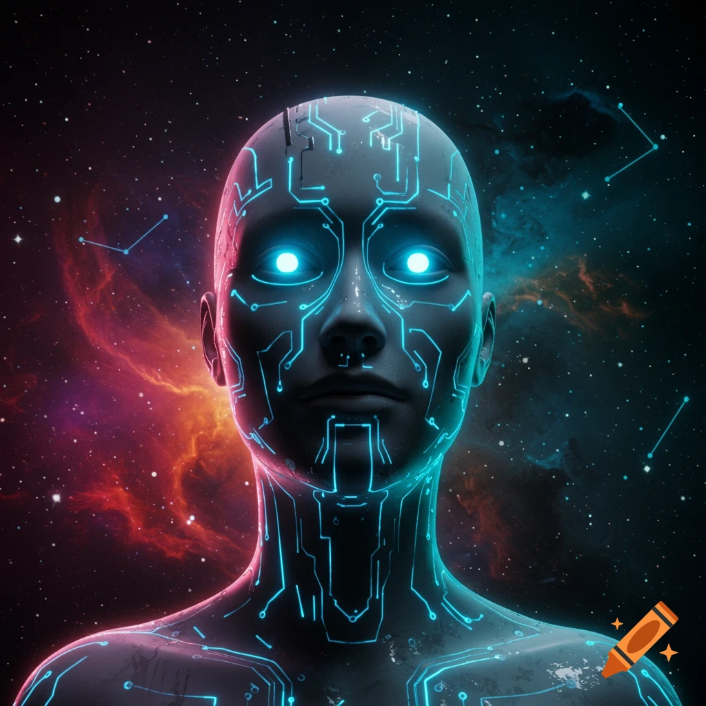 Digital rendering of a head with circuitry and glowing eyes against a starry space background.