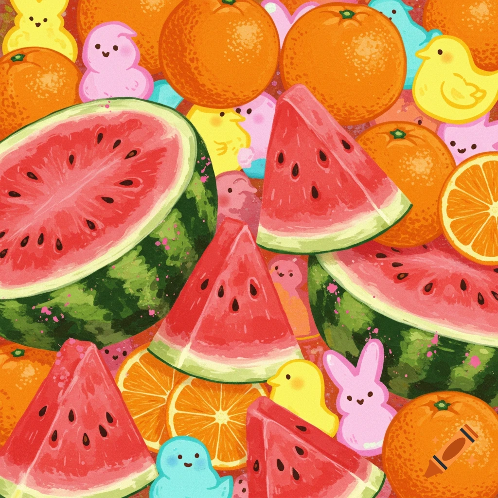 A colorful arrangement of watermelon slices, oranges, and Peeps candies.