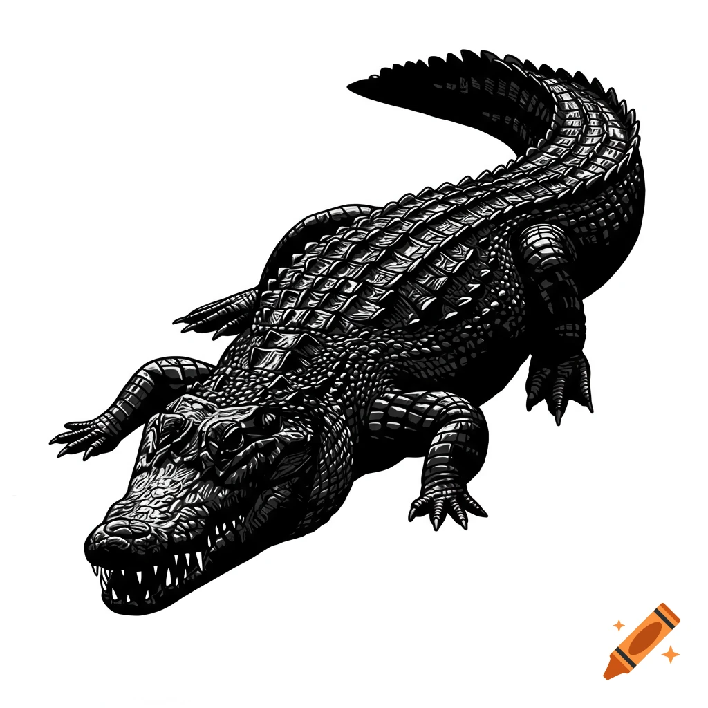 A black and white illustration of a crocodile.