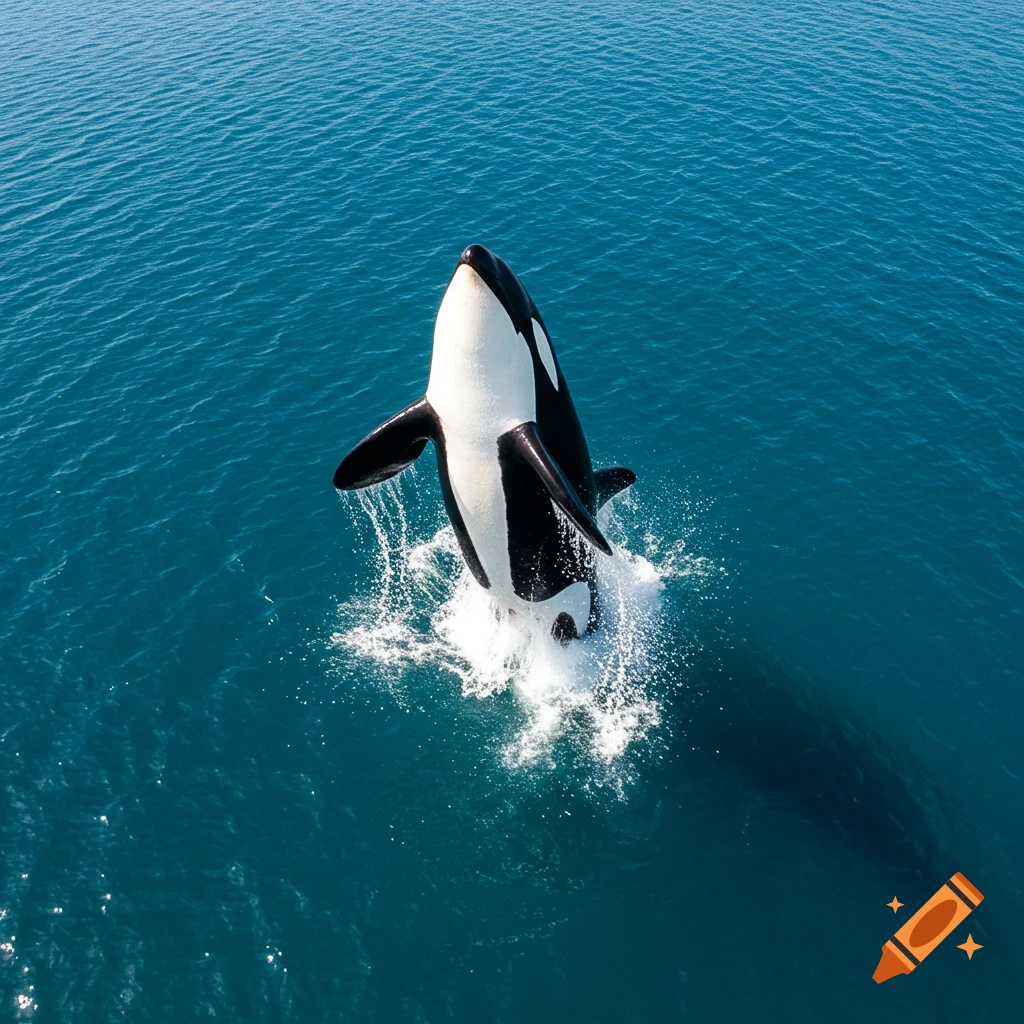An orca leaps out of the blue ocean water, creating a large splash.