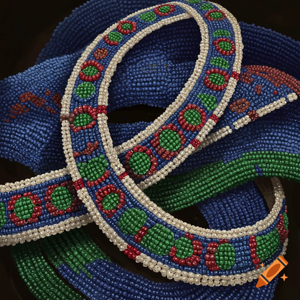 Close-up of colorful beaded jewelry with floral patterns in blue, green, red, and white.