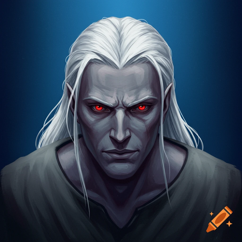 A serious white-haired man with piercing red eyes looks down.