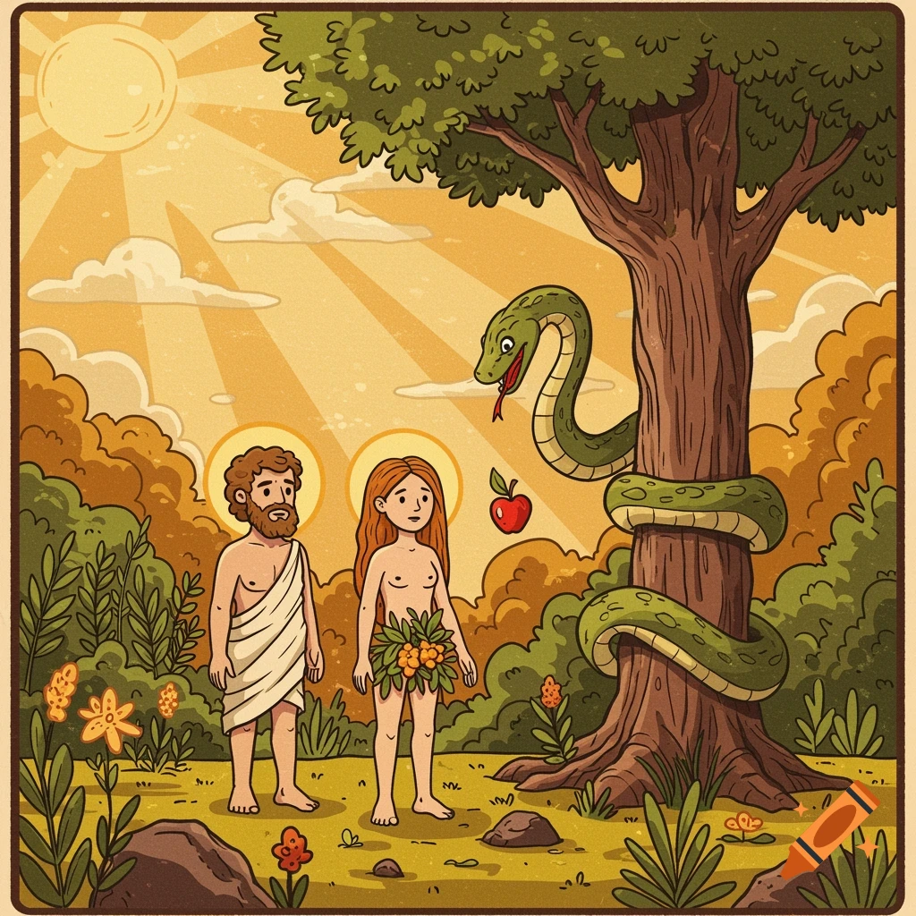 Cartoony vintage-style illustration of Adam and Eve in the Garden of Eden with a snake wrapped around a tree.
