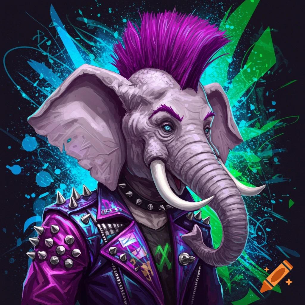 A punk rock elephant wearing a studded jacket and purple mohawk against a colorful splatter background.