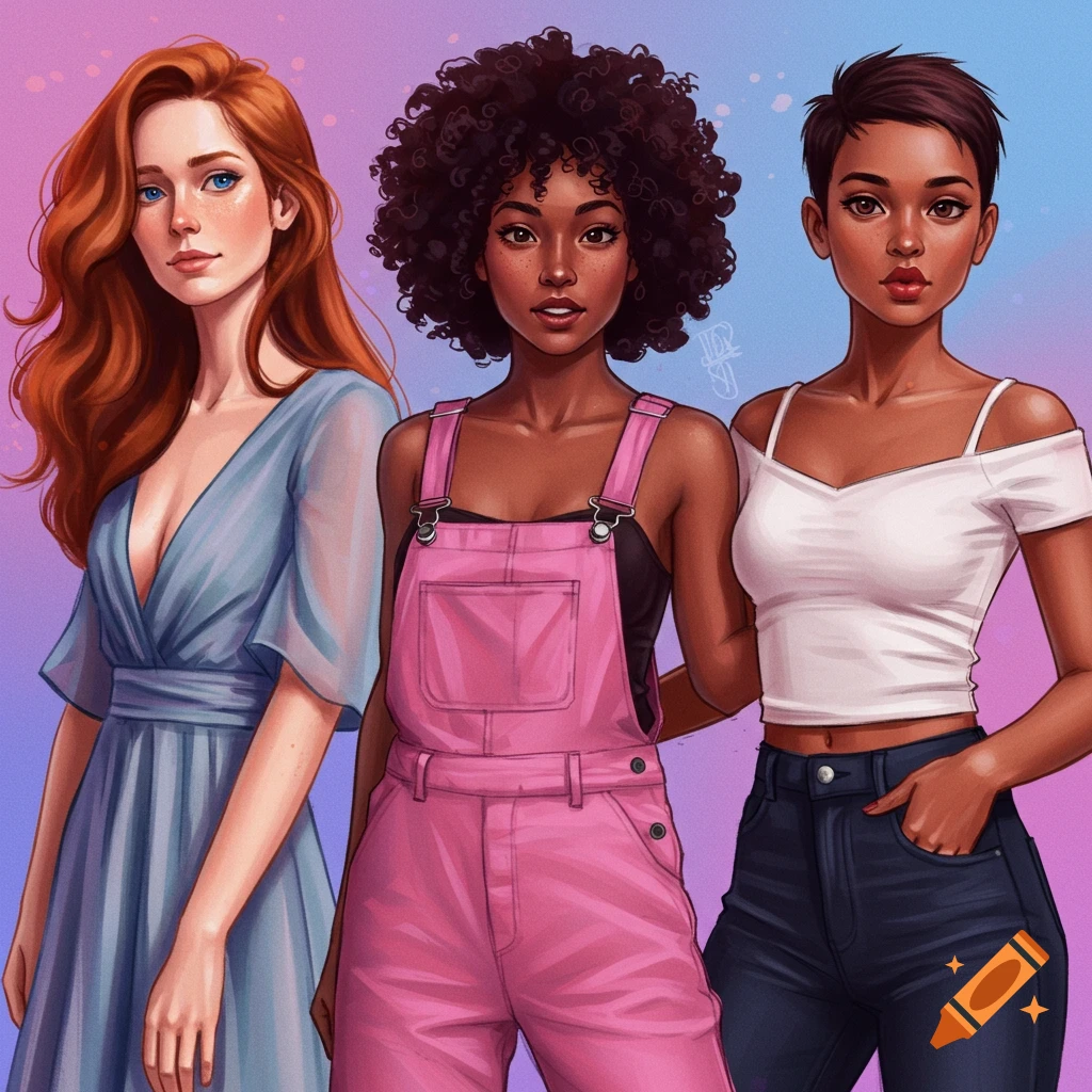 Three women with varying hairstyles and outfits.