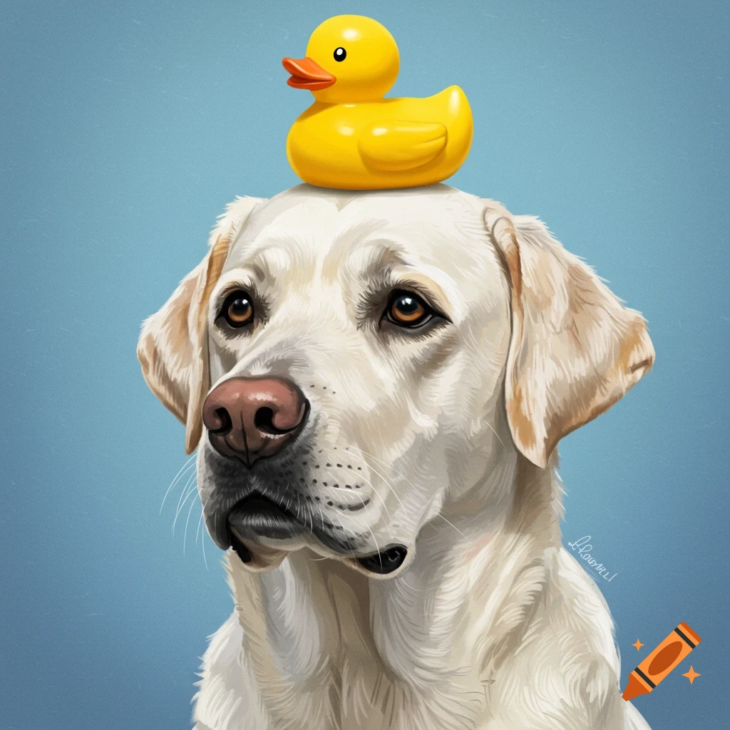 A white dog with a yellow rubber duck balanced on its head.