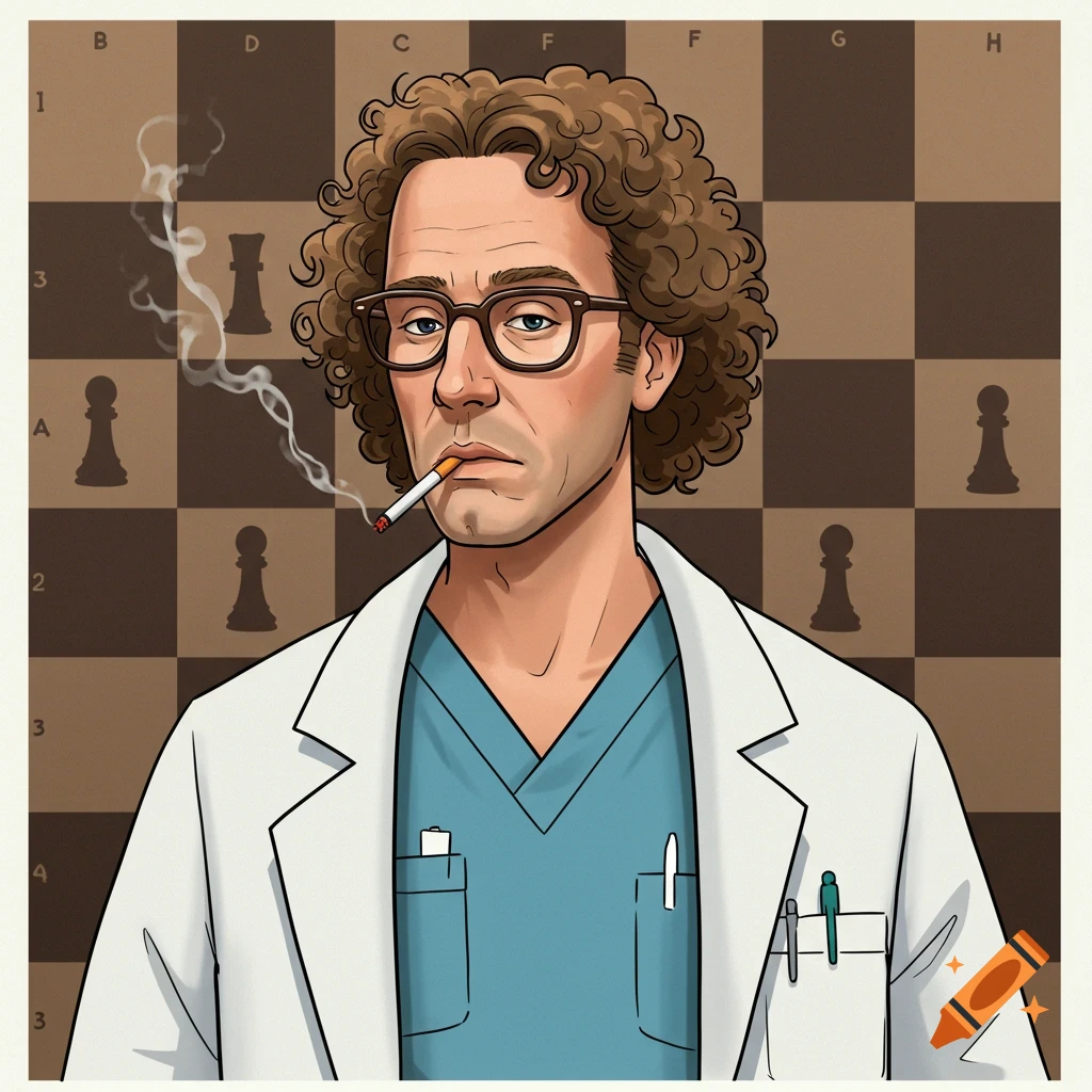 A cartoon illustration of a doctor with curly hair and glasses, smoking a cigarette, against a chess board background.