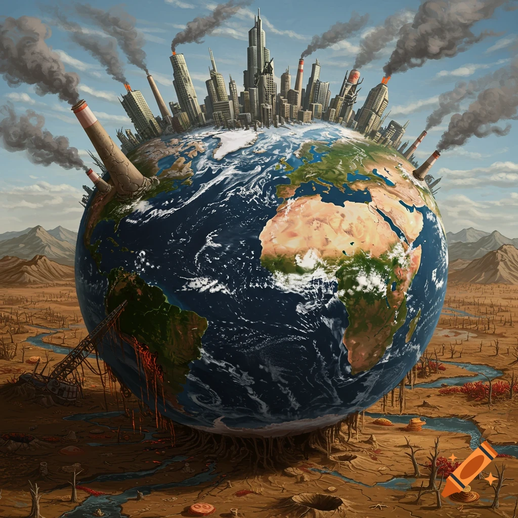 View of Earth with cities on top emitting smoke, in a desolate landscape, depicting environmental ruin.