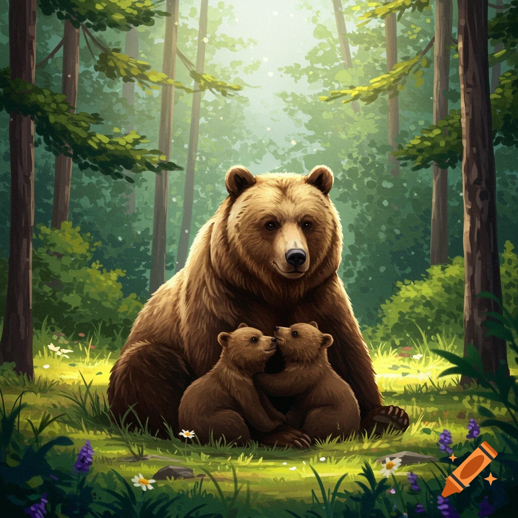 A mama bear is sitting with her two cubs in a sunny forest clearing.