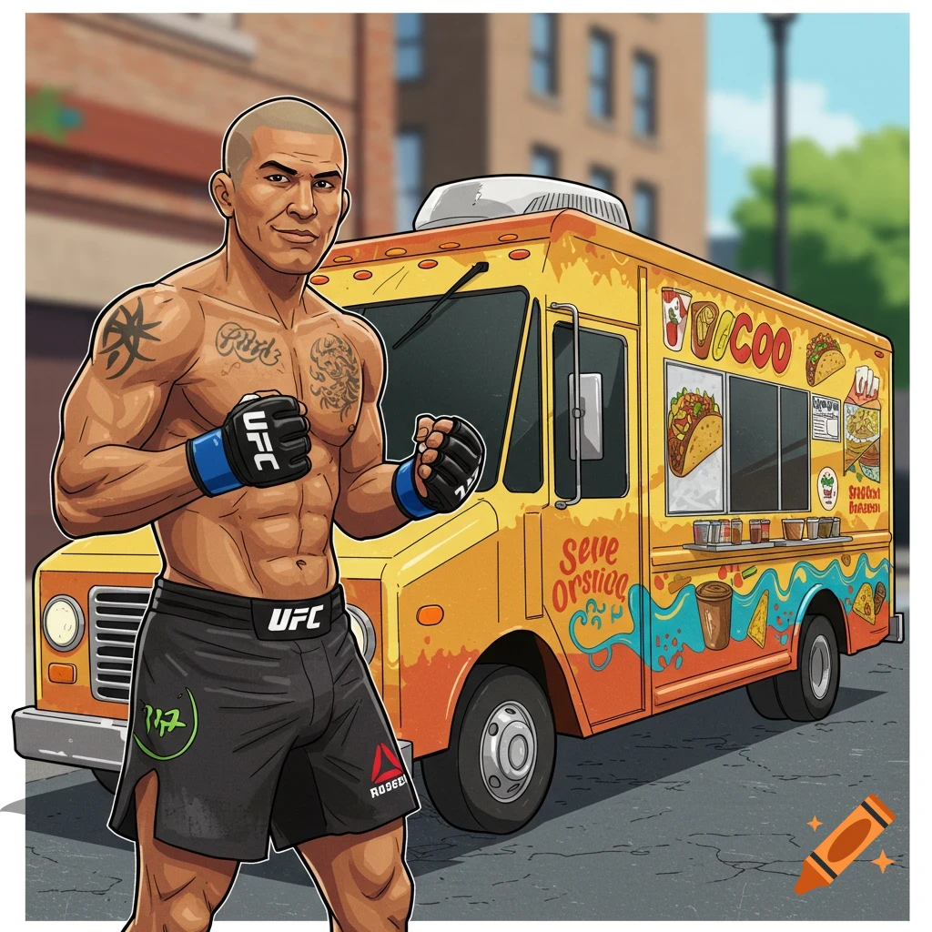 Illustration of a muscular fighter in MMA gear standing next to a colorful taco truck in a city street.