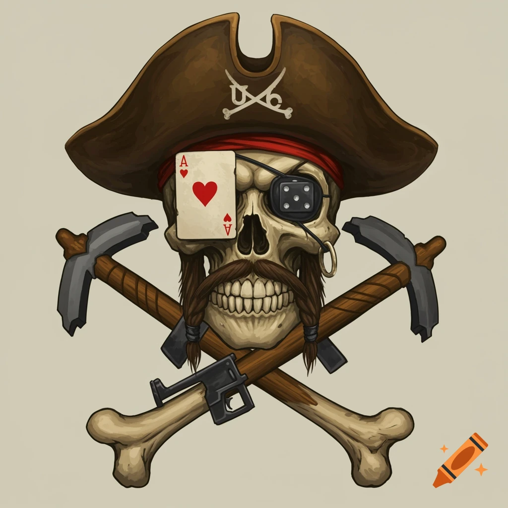Digital art of a pirate skull wearing a hat, with an ace of hearts card & die over eyes, crossed pickaxe & rifle behind it.