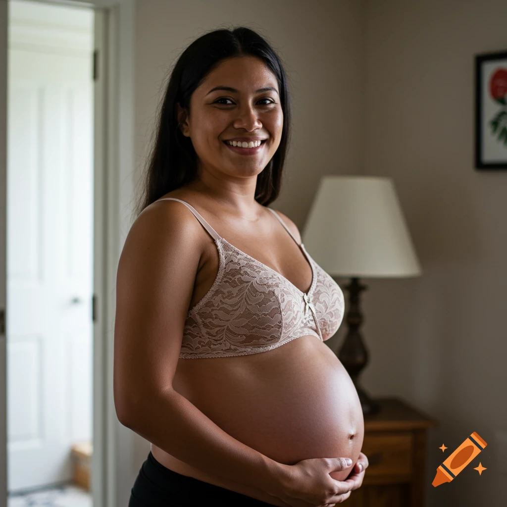A smiling pregnant woman in a bra stands indoors