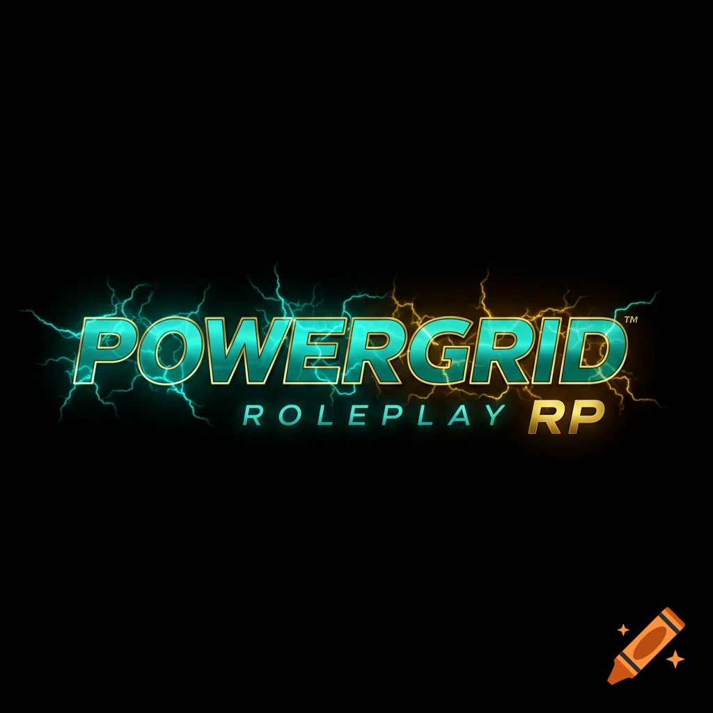 PowerGrid RP logo with teal and gold text and lightning on black background.