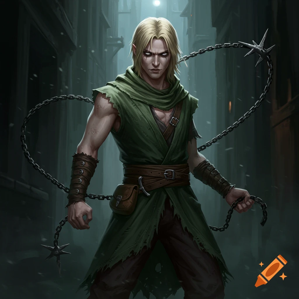 Image of a blonde man in green robes holding a spiked chain in a dark alley.