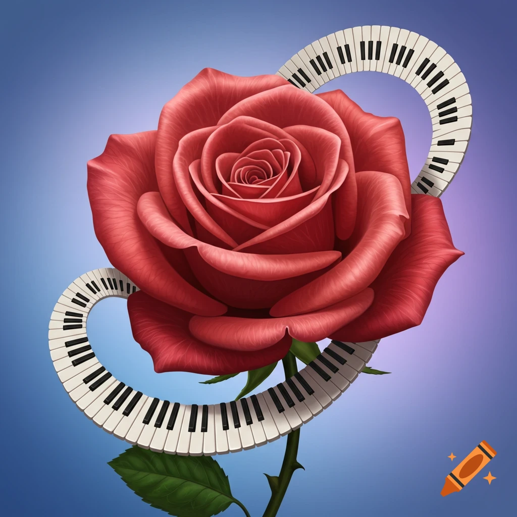 A red rose stem with curved piano keys wrapping around it, on a blue and purple gradient background.